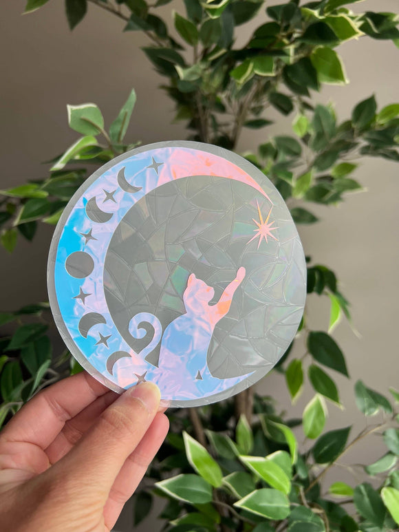 Cat And Moon Suncatcher Sticker, Window Decal, Window Sticker, Window Film, Rainbow Maker, Celestial Sticker, Magical Sticker, Car Decal